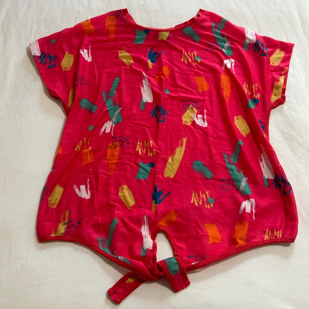 AJIO‎ Womens Red Abstract Brushstroke Front Tie Short Sleeve Top Size S